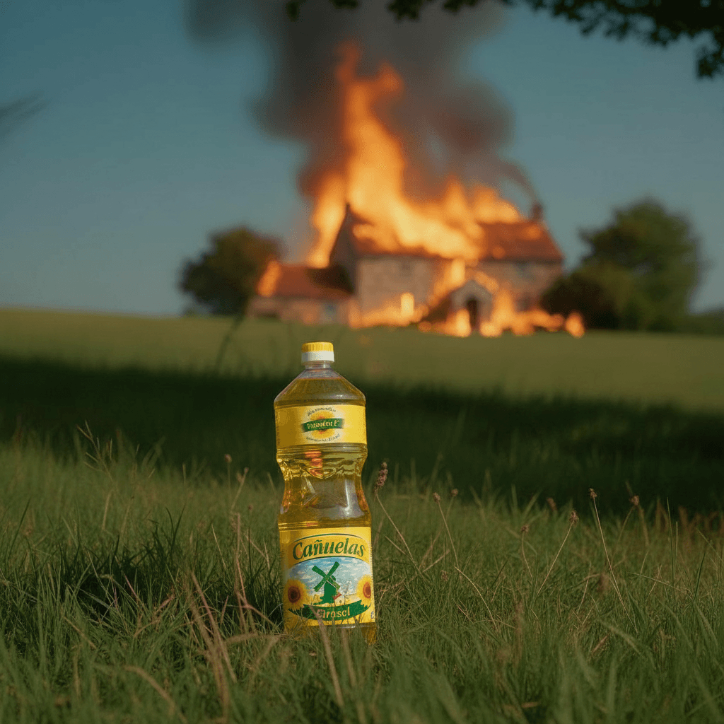 El cierre del ad: la botella de aceite de girasol en el pasto