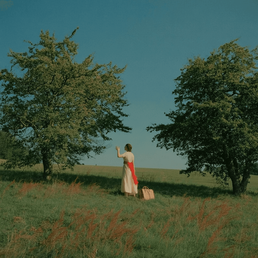 Variación del storyboard vía Remix: la mujer sentada en el campo con la cartera, misma paleta y estética que la imagen madre