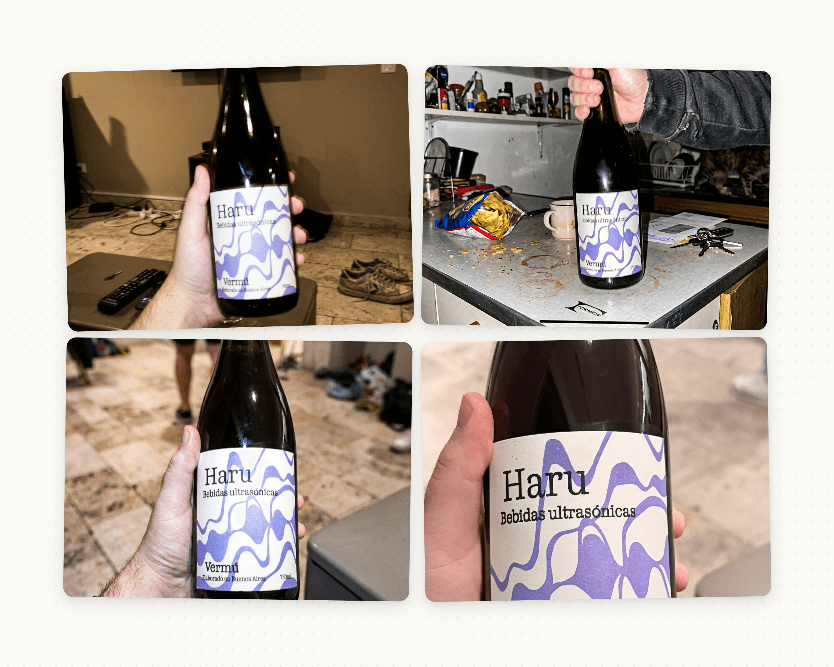 Cuatro fotos casuales de la botella de Haru tomadas con celular